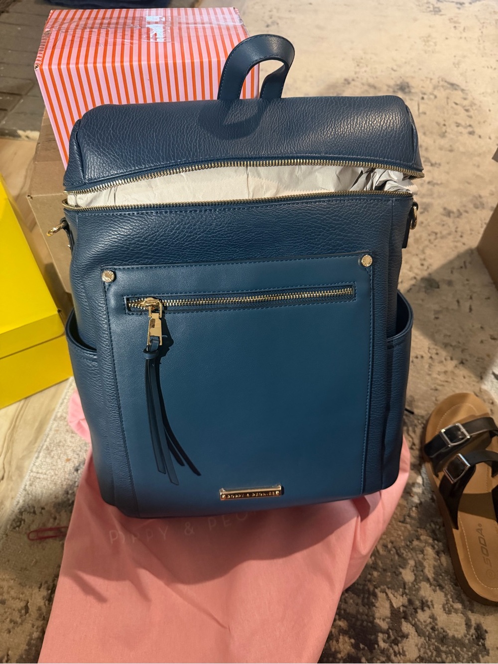 Poppy & Peonies Teal Leather Zip-Top Backpack Tote with Front Zip Pocket